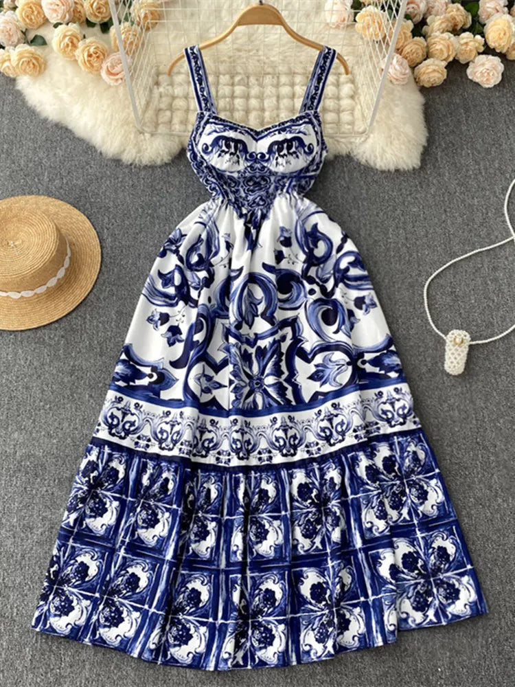 Beautiful Blue & White Porcelain Print Maxi Dress