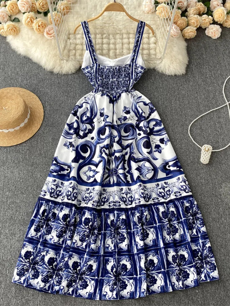 Beautiful Blue & White Porcelain Print Maxi Dress