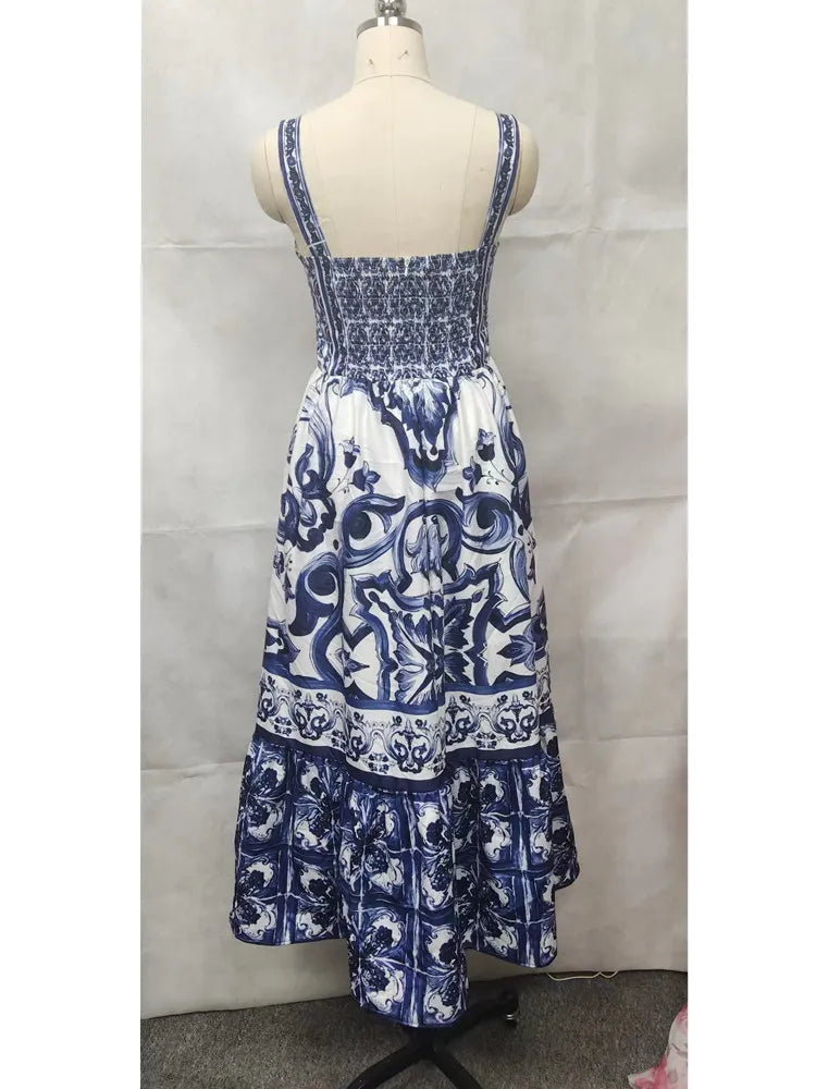 Beautiful Blue & White Porcelain Print Maxi Dress