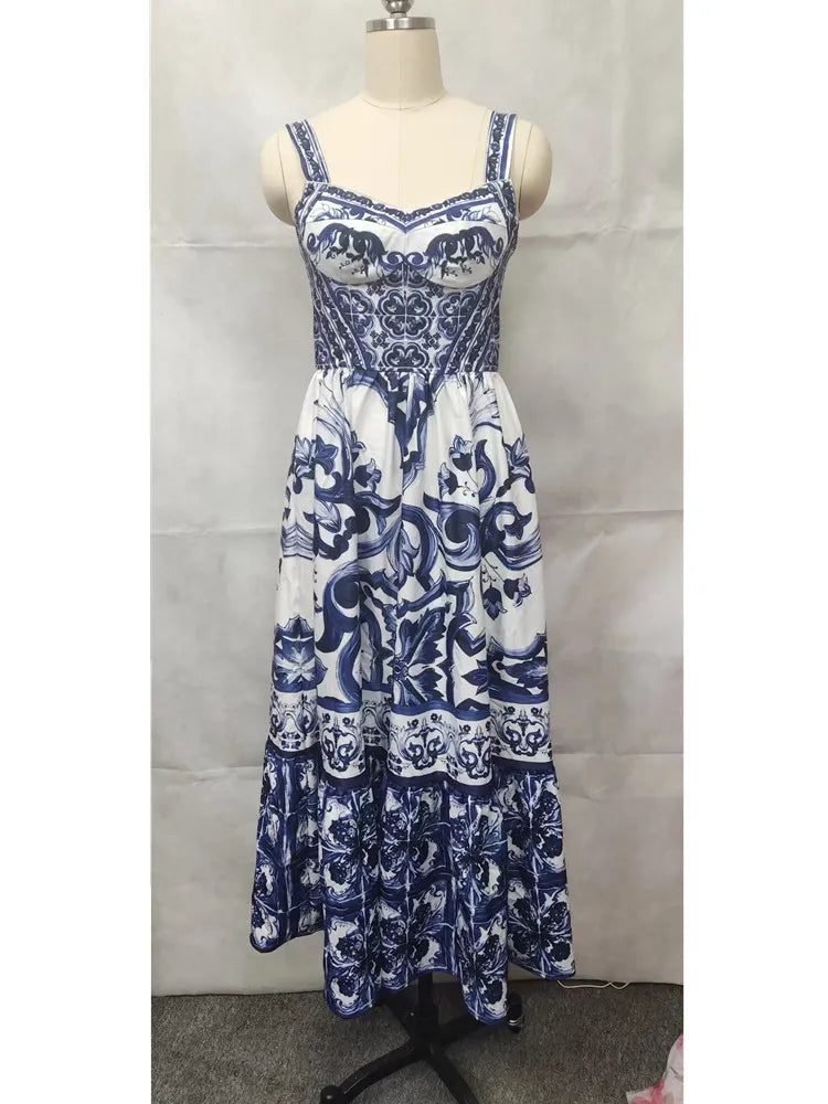 Beautiful Blue & White Porcelain Print Maxi Dress