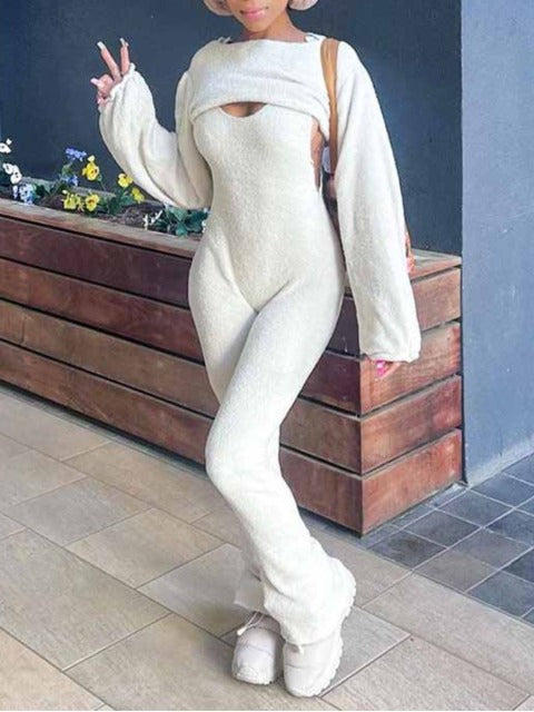 Cute & Cozy Ivory Catsuit and Shrug Set