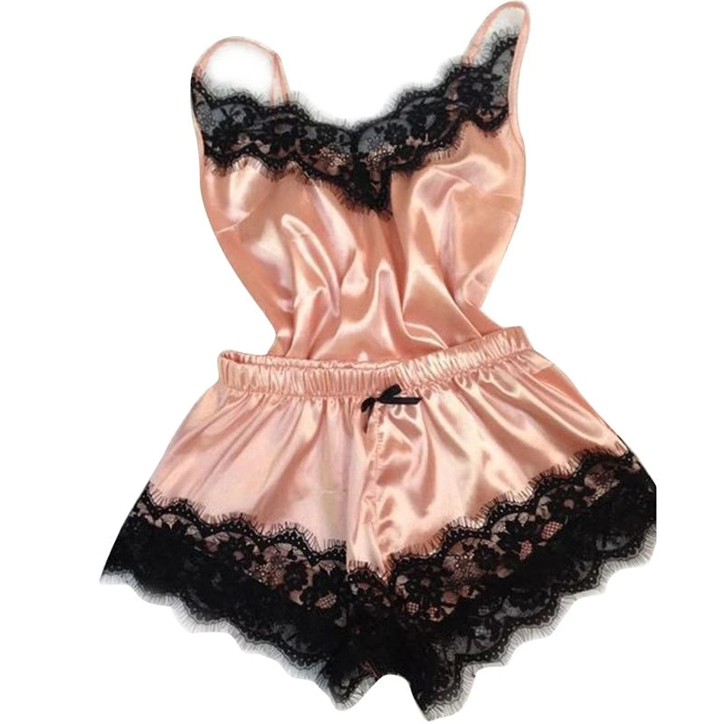 Sexy Pink Champagne Satin 2pc Lingerie Set