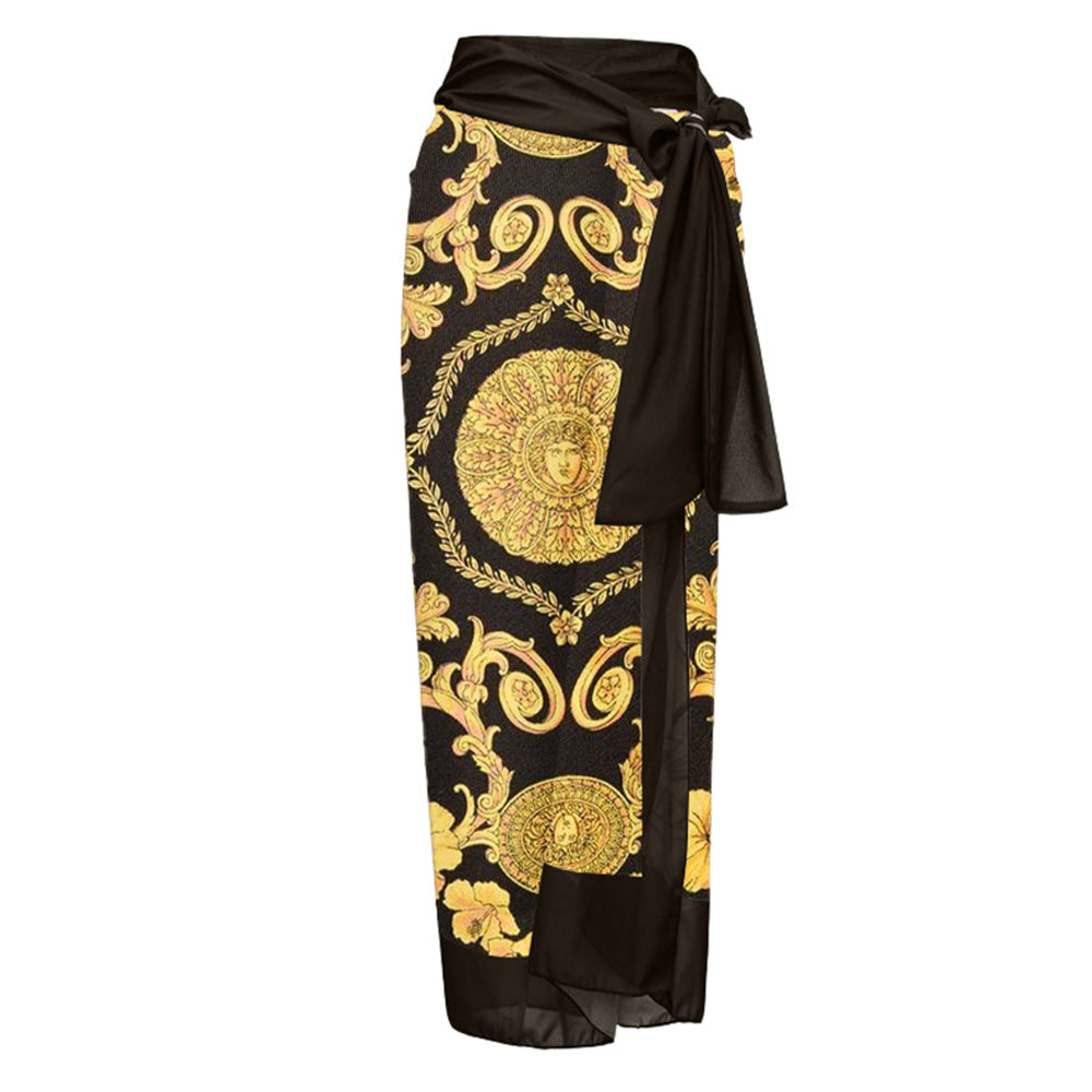 Sexy Black & Gold Italian Print Sarong Skirt Coverup