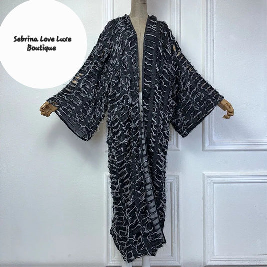 Boho Distressed Shredded Detail Black Denim Kimono Duster Coat