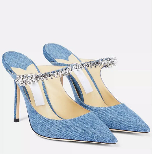 Sexy Blue Denim Rhinestone Bejeweled Mules