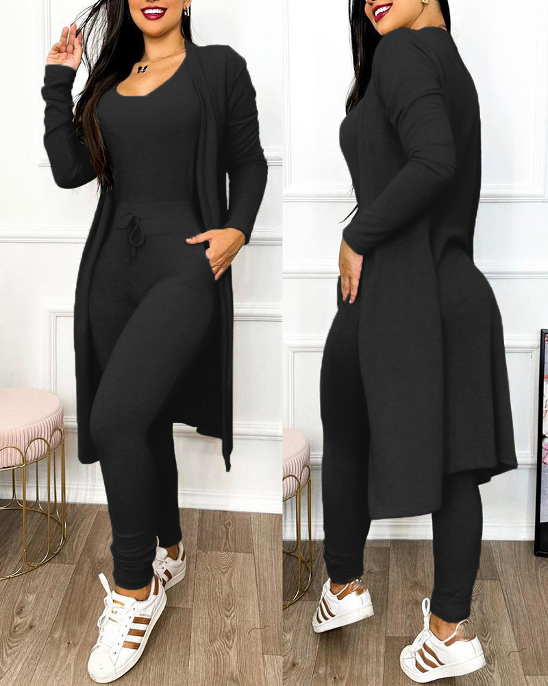 Heather Grey 2 Piece Duster & Drawstring Catsuit Jumpsuit Set