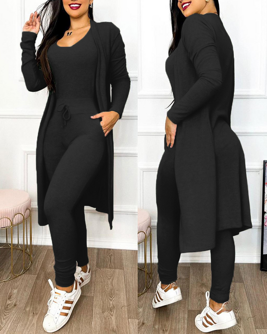 Chic Black 2 Piece Duster & Drawstring Catsuit Jumpsuit Set