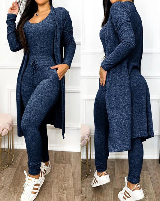 Chic Blue 2 Piece Plus Size Duster & Drawstring Catsuit Jumpsuit Set