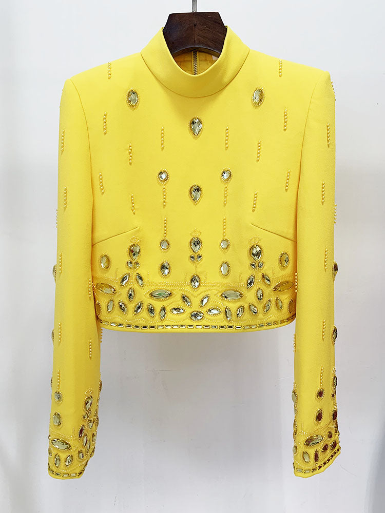 Sexy Yellow Bejeweled 2 Piece Bolero Jacket & Mini Skirt Set