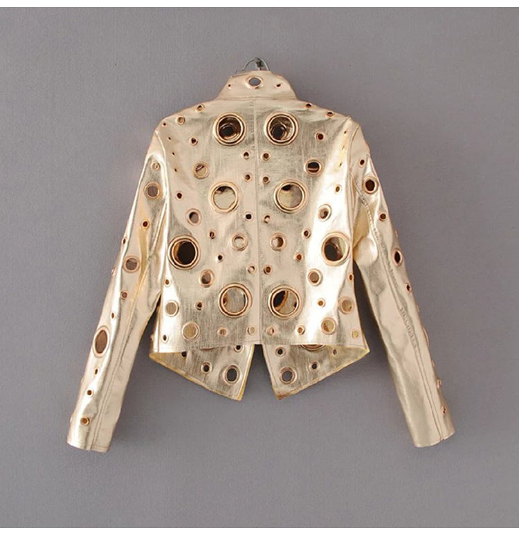 Edgy Metallic Gold Rocker Riveted Biker Jacket