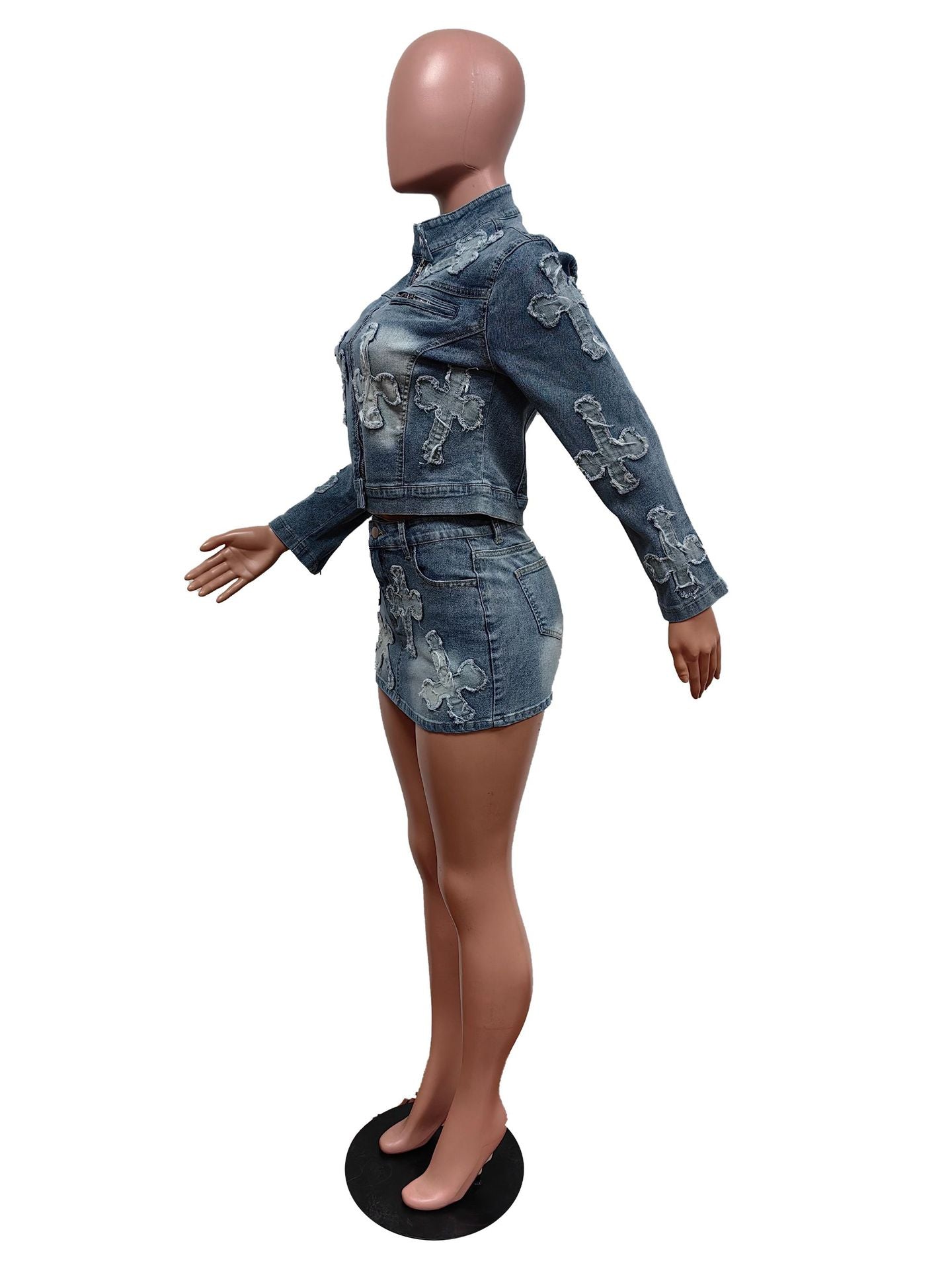 Sexy Denim Cross 2pc Jacket & Mini Skirt Set