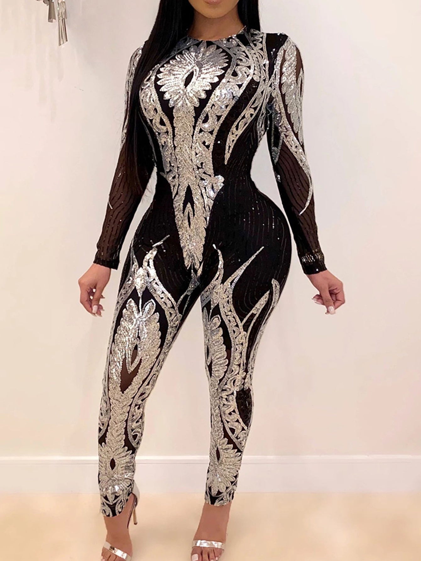 Sexy Black & Silver Sequin Catsuit Jumpsuit