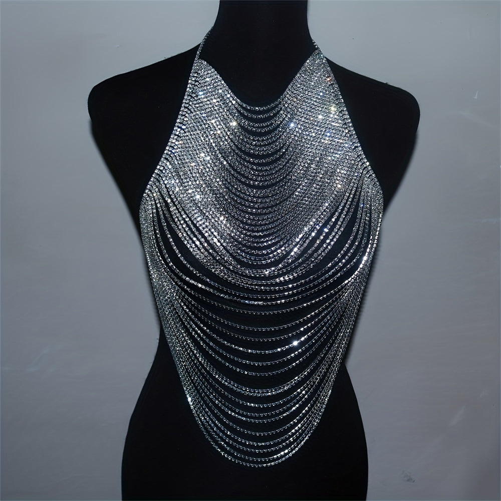 Sexy Gold Rhinestone Multi Strand Draped Bejeweled Body Necklace Jewelry