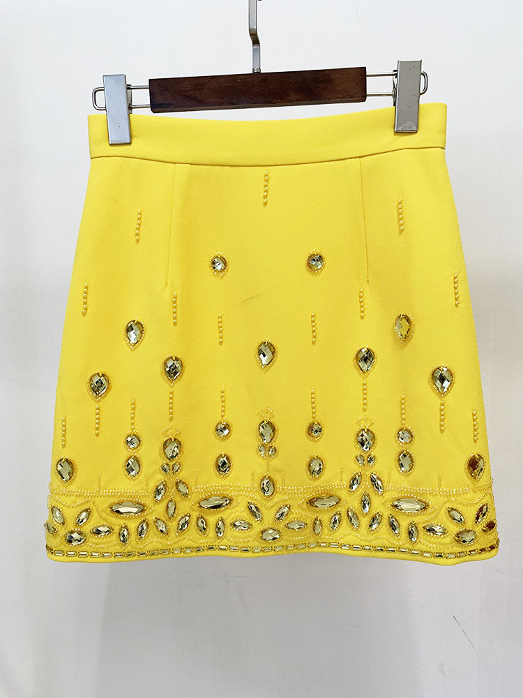 Sexy Yellow Bejeweled 2 Piece Bolero Jacket & Mini Skirt Set