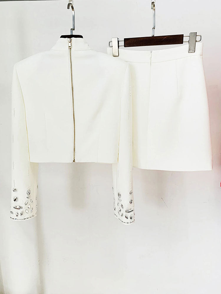 Beautiful White Rhinestone Bejeweled 2 Piece Bolero Jacket & Mini Skirt Set