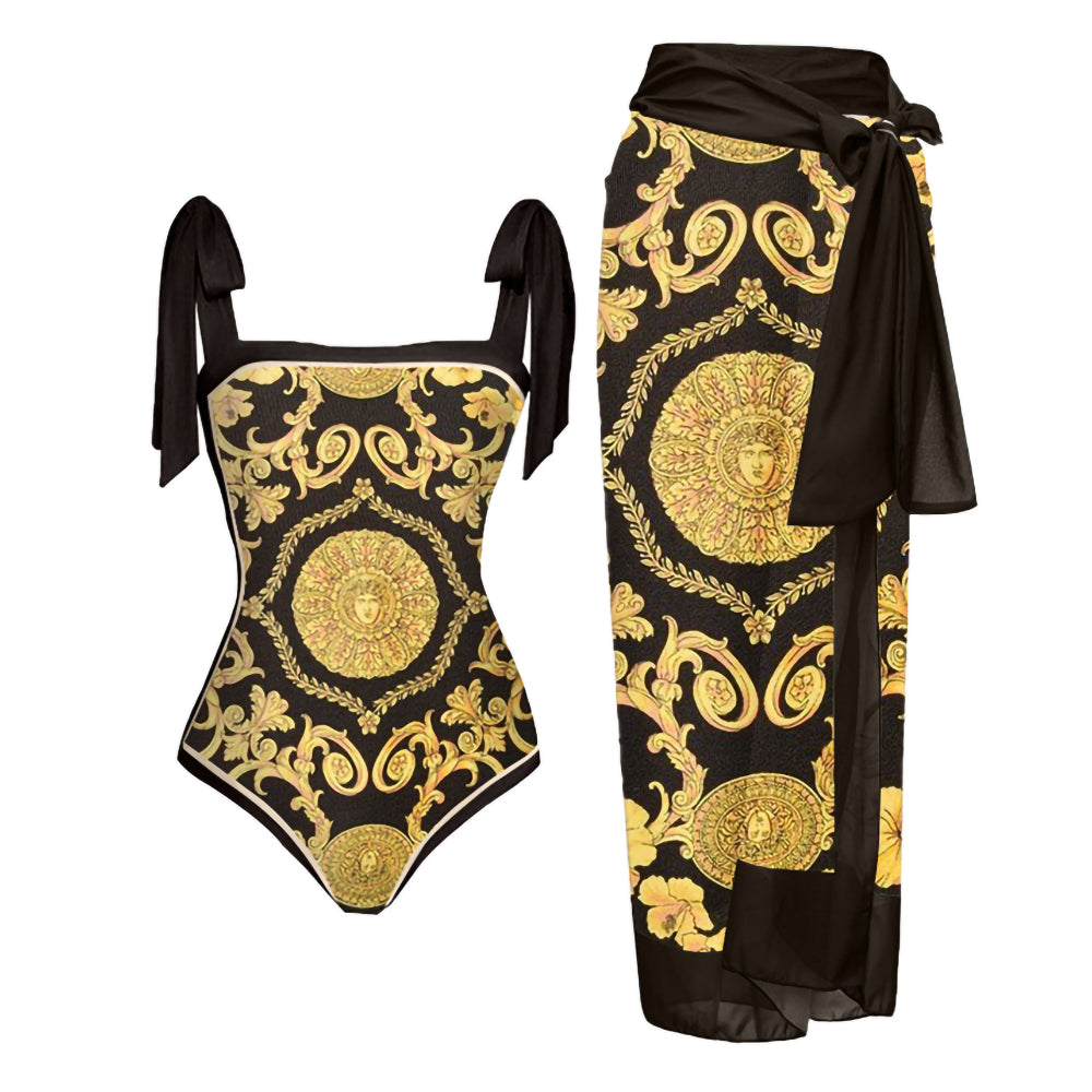 Sexy Black & Gold Italian Print 1pc Swimsuit & Sarong Set