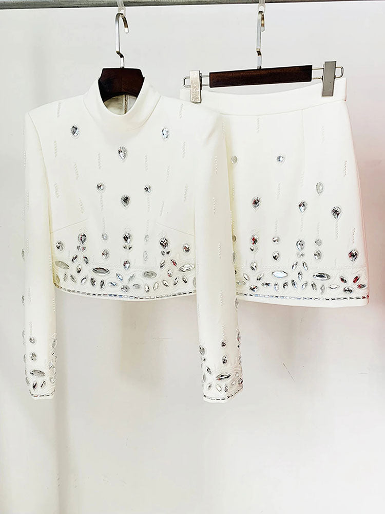 Beautiful White Rhinestone Bejeweled 2 Piece Bolero Jacket & Mini Skirt Set