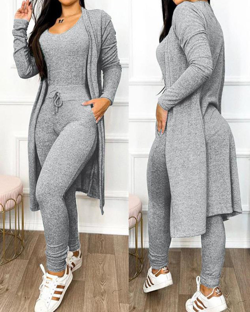 Heather Grey 2 Piece Duster & Drawstring Catsuit Jumpsuit Set