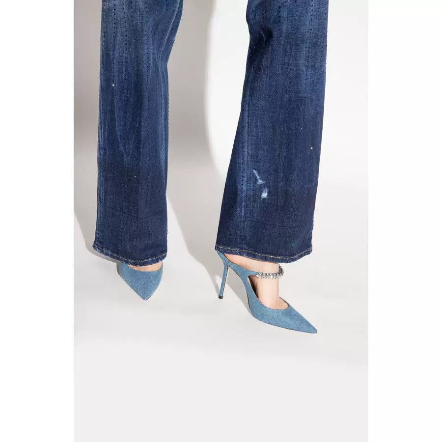 Sexy Blue Denim Rhinestone Bejeweled Mules