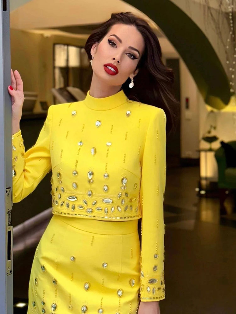 Sexy Yellow Bejeweled 2 Piece Bolero Jacket & Mini Skirt Set