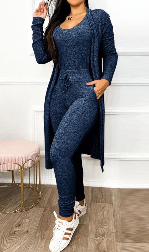 Heather Grey 2 Piece Duster & Drawstring Catsuit Jumpsuit Set