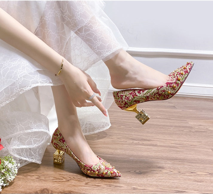 Exotic Merlot Paisley Print Beaded Court Heels