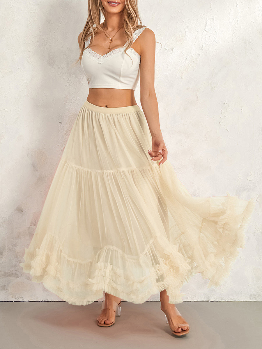 Romantic Ivory Tulle Ruffle Hem Skirt