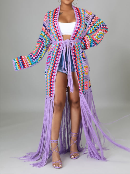 Beautiful Boho Lavender Multicolor Fringe Crochet Maxi Sweater