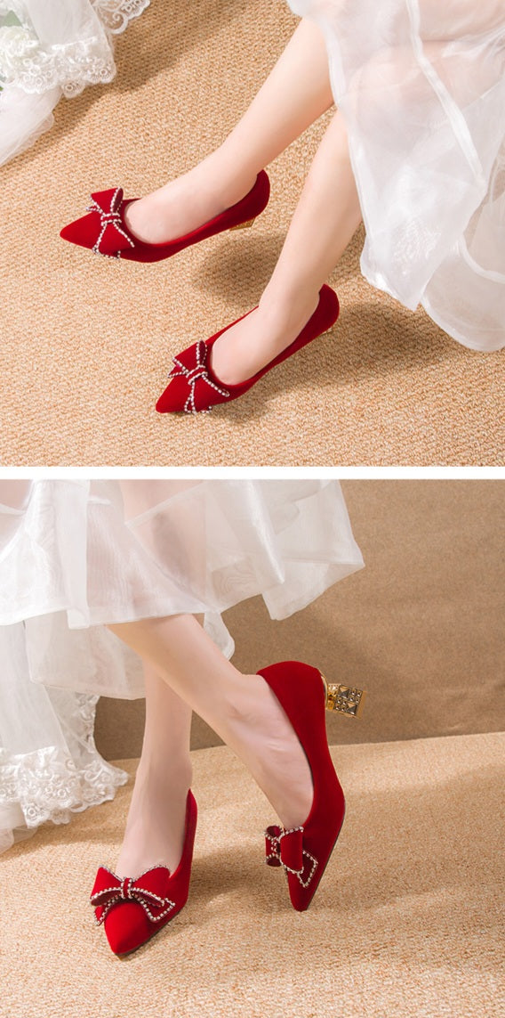 Exotic Red Bow Embellished Court Heels