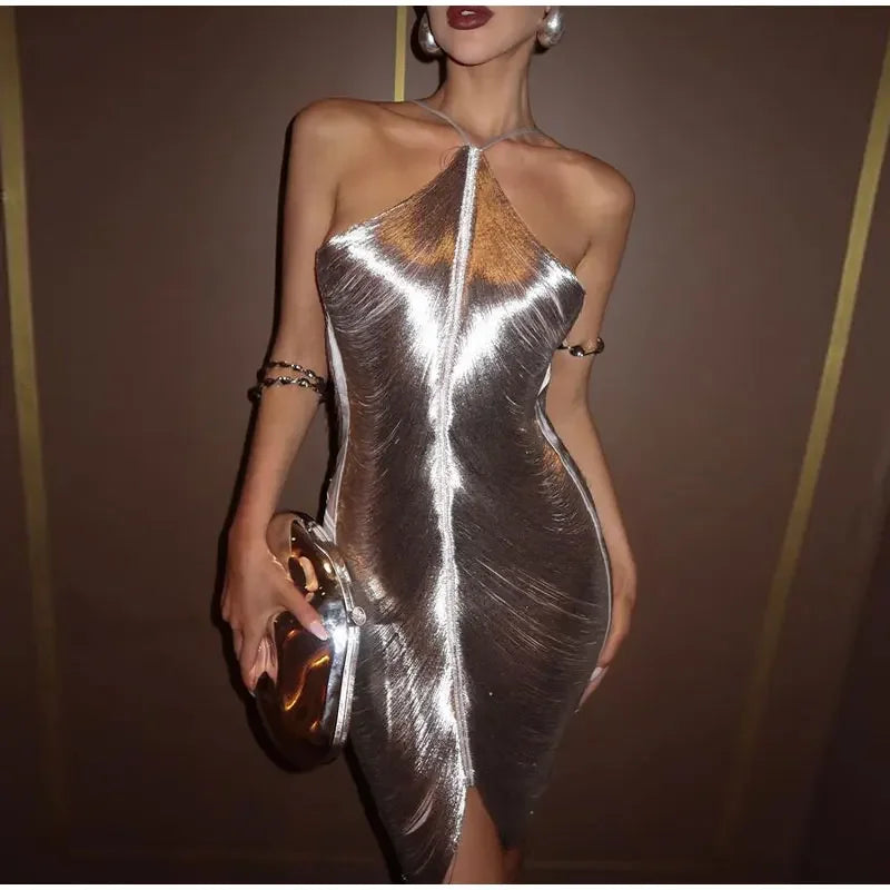 Sexy Silver Metallic Draped Backless Dress