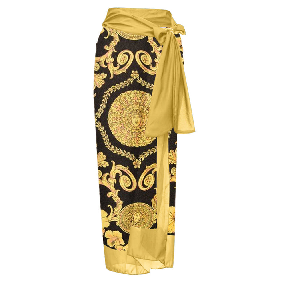 Sexy Black & Gold Italian Print Sarong Skirt Coverup