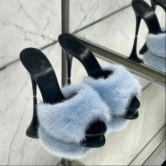 Sexy Blue Faux Fur Mules