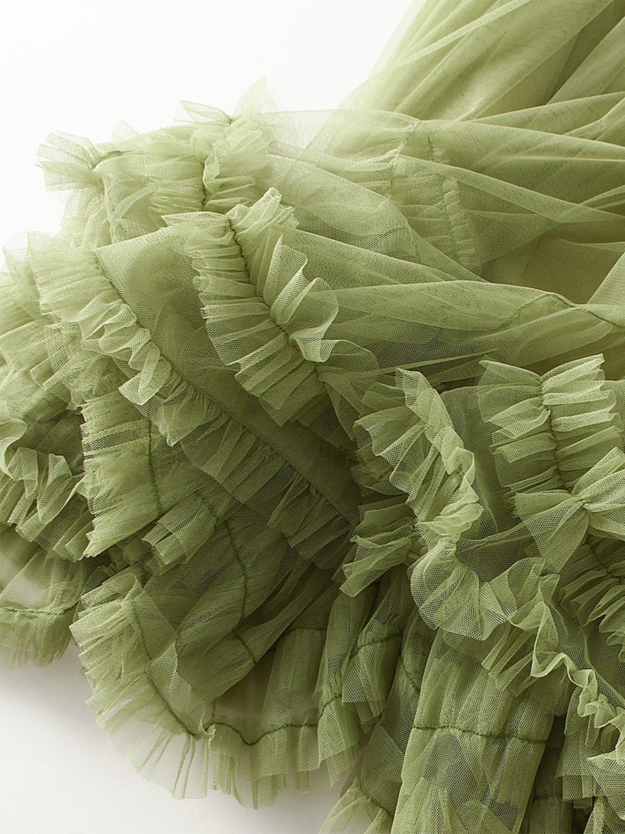 Romantic Green Tulle Ruffle Hem Skirt