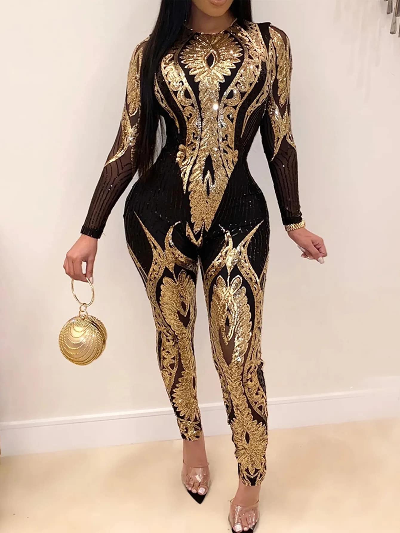 Sexy Black & Gold Sequin Catsuit Jumpsuit