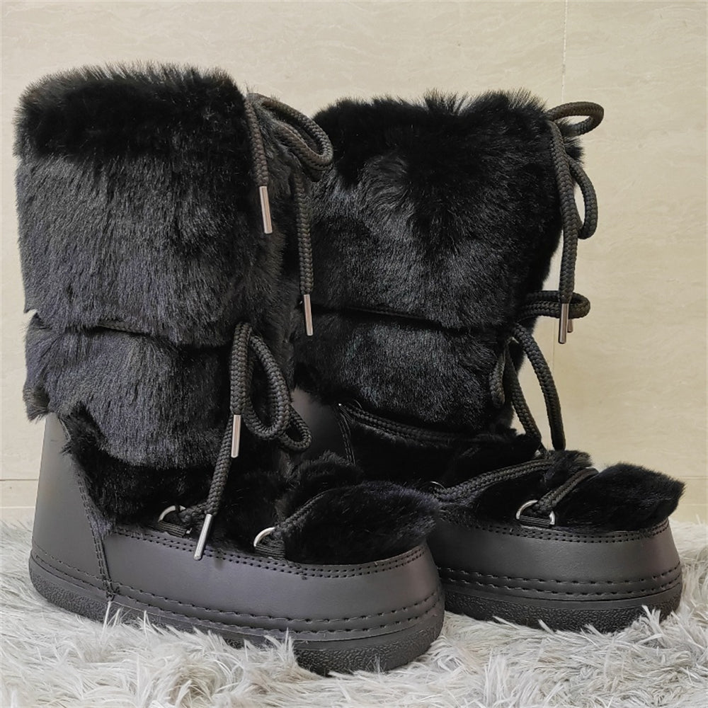 Black Faux Fur Ski Themed Winter Boots