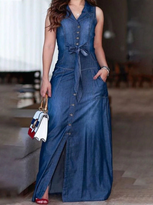 Sexy Boho Festival Button Down Denim Maxi Dress