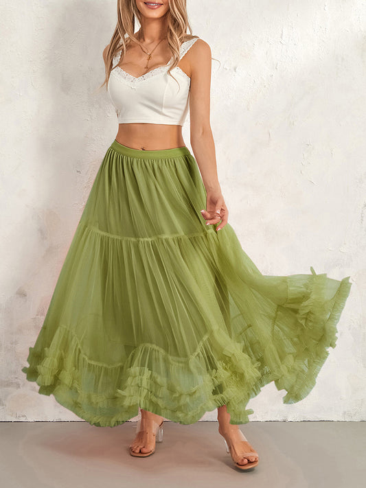 Romantic Green Tulle Ruffle Hem Skirt