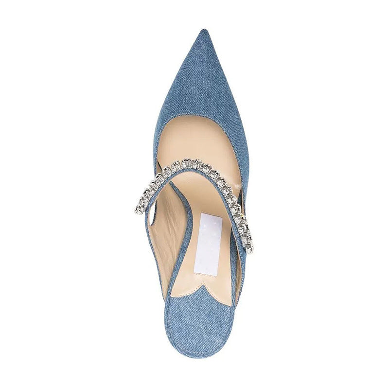 Sexy Blue Denim Rhinestone Bejeweled Mules