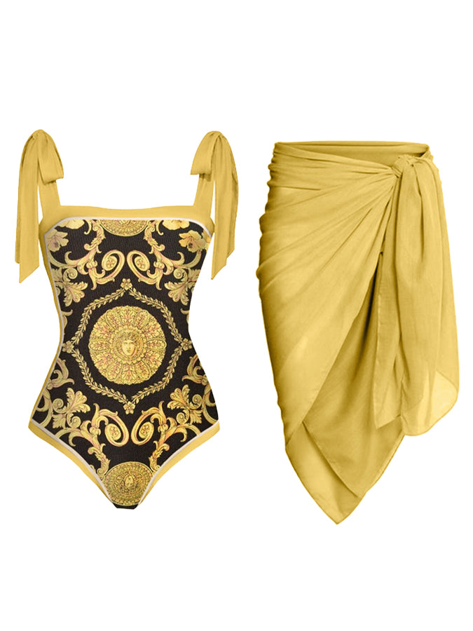 Sexy Black & Gold Italian Print 1pc Swimsuit & Sarong Set