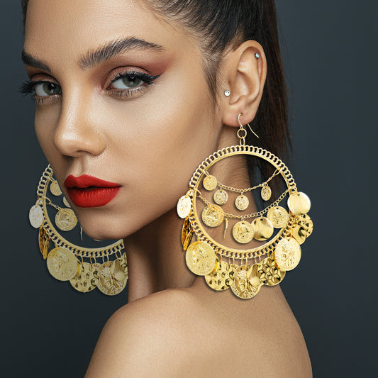 Exotic Bohemian Gold Color Large Coin Hoop Earrings