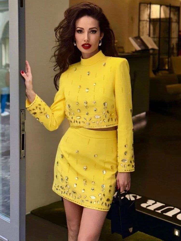 Sexy Yellow Bejeweled 2 Piece Bolero Jacket & Mini Skirt Set