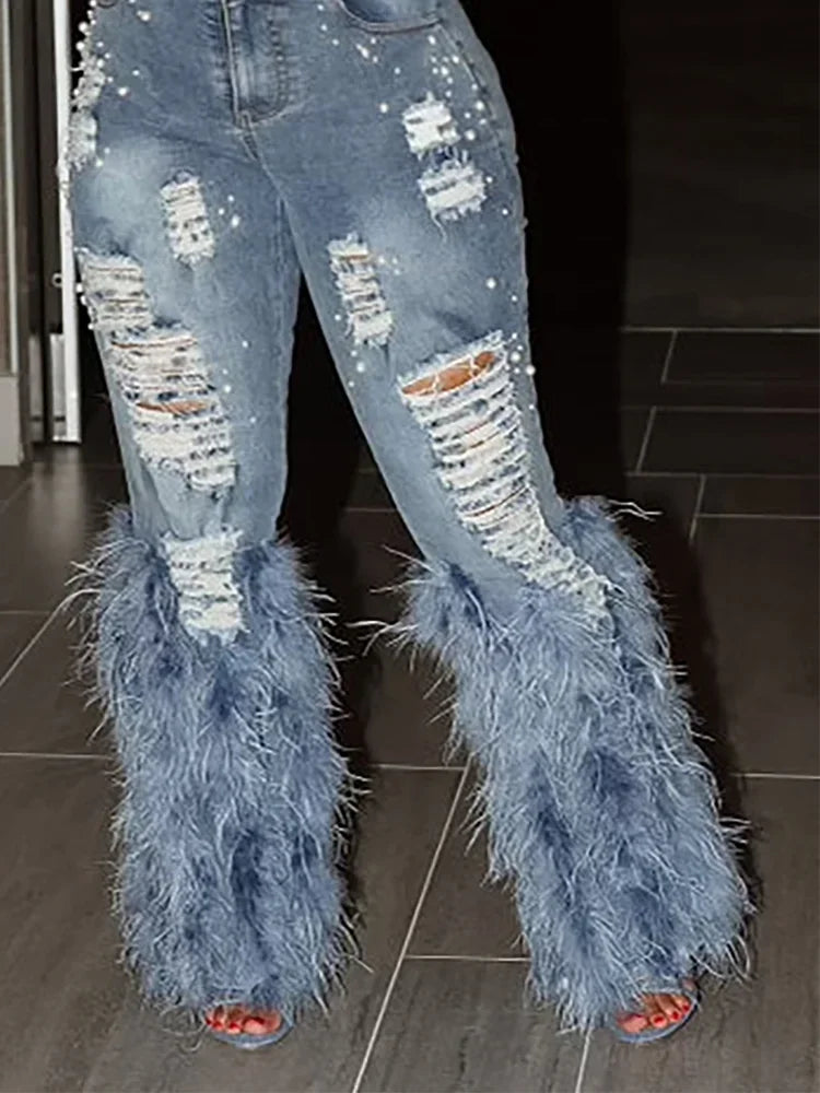 Beautiful Boho Feather Bottom Jeans