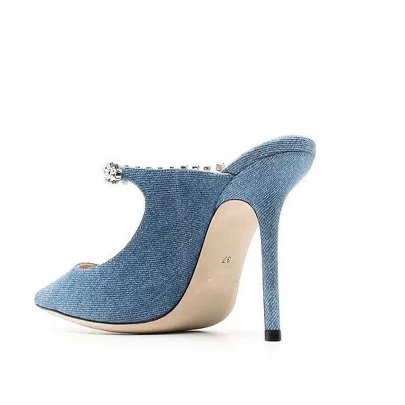 Sexy Blue Denim Rhinestone Bejeweled Mules