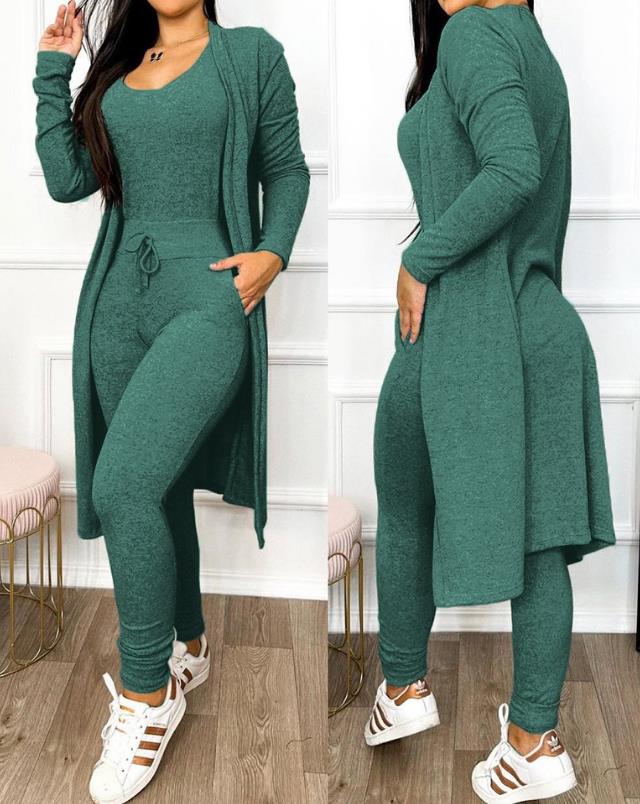 Green 2 Piece Duster & Drawstring Catsuit Jumpsuit Set