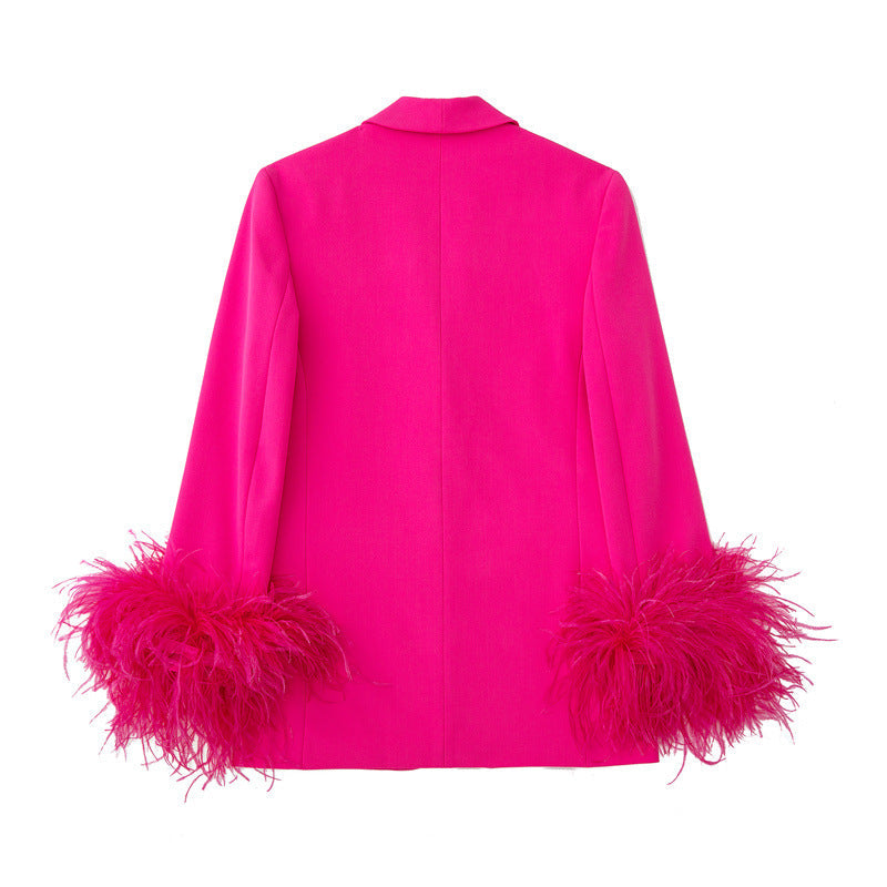 Beautiful Hot Pink Feather Cuff Blazer Jacket