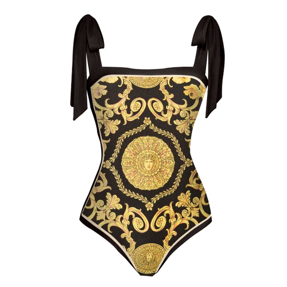 Sexy Black & Gold Italian Print 1pc Swimsuit & Sarong Set