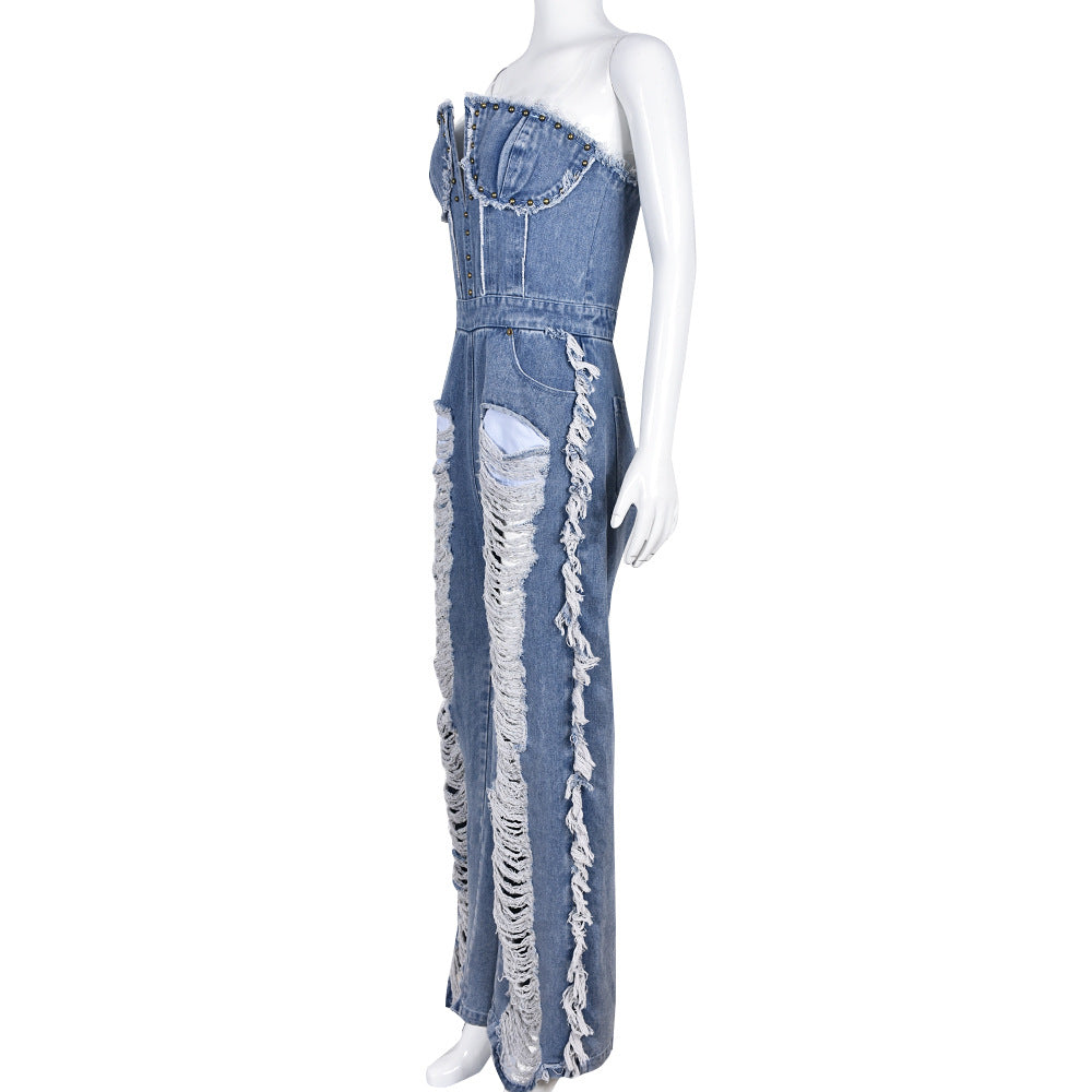 Sexy Destroyed Denim Strapless Jumpsuit