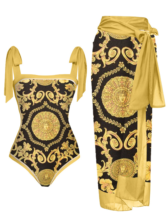 Sexy Black & Gold Italian Print 1pc Swimsuit & Sarong Set