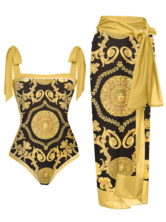 Sexy Gold & Black Italian Print 1pc Swimsuit & Sarong Set