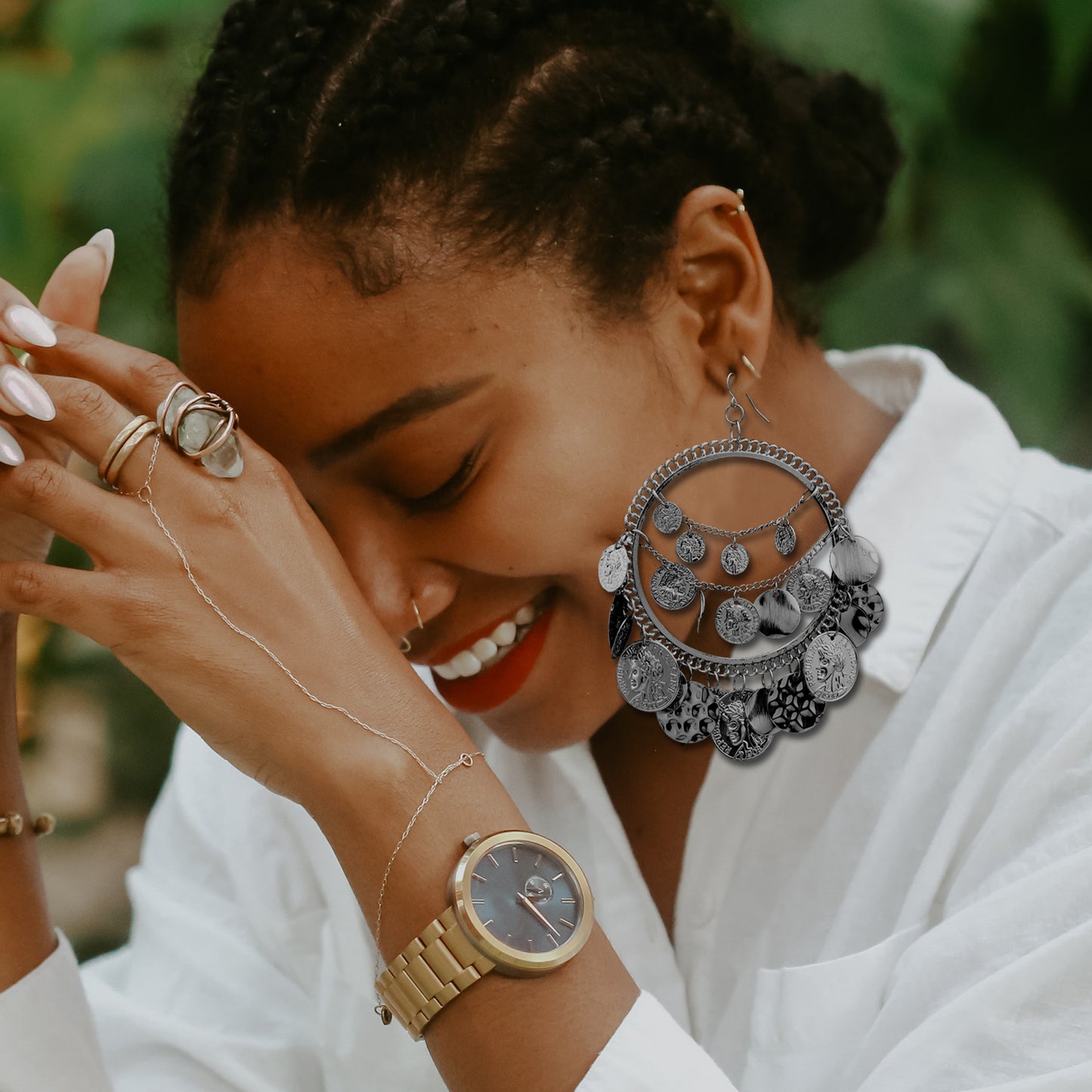 Exotic Bohemian Gold Color Large Coin Hoop Earrings